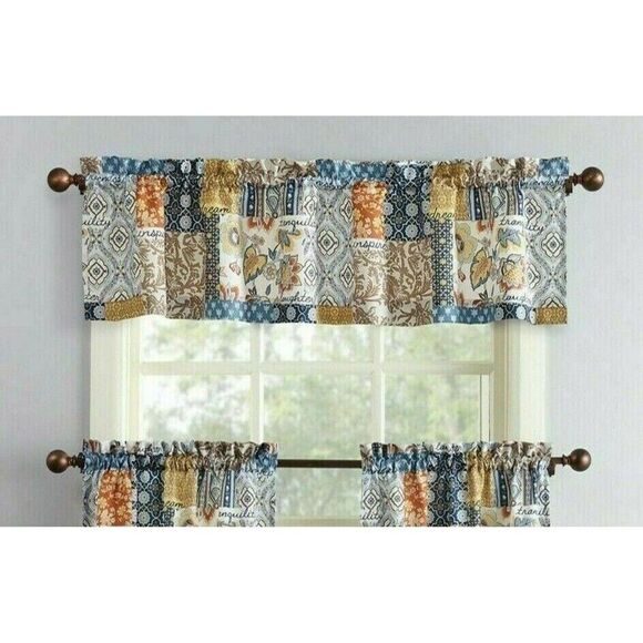 Amelia Patchwork Kitchen Curtain Valance Microfiber Navy Blue Tan Red Spice NEW - Picture 3 of 4
